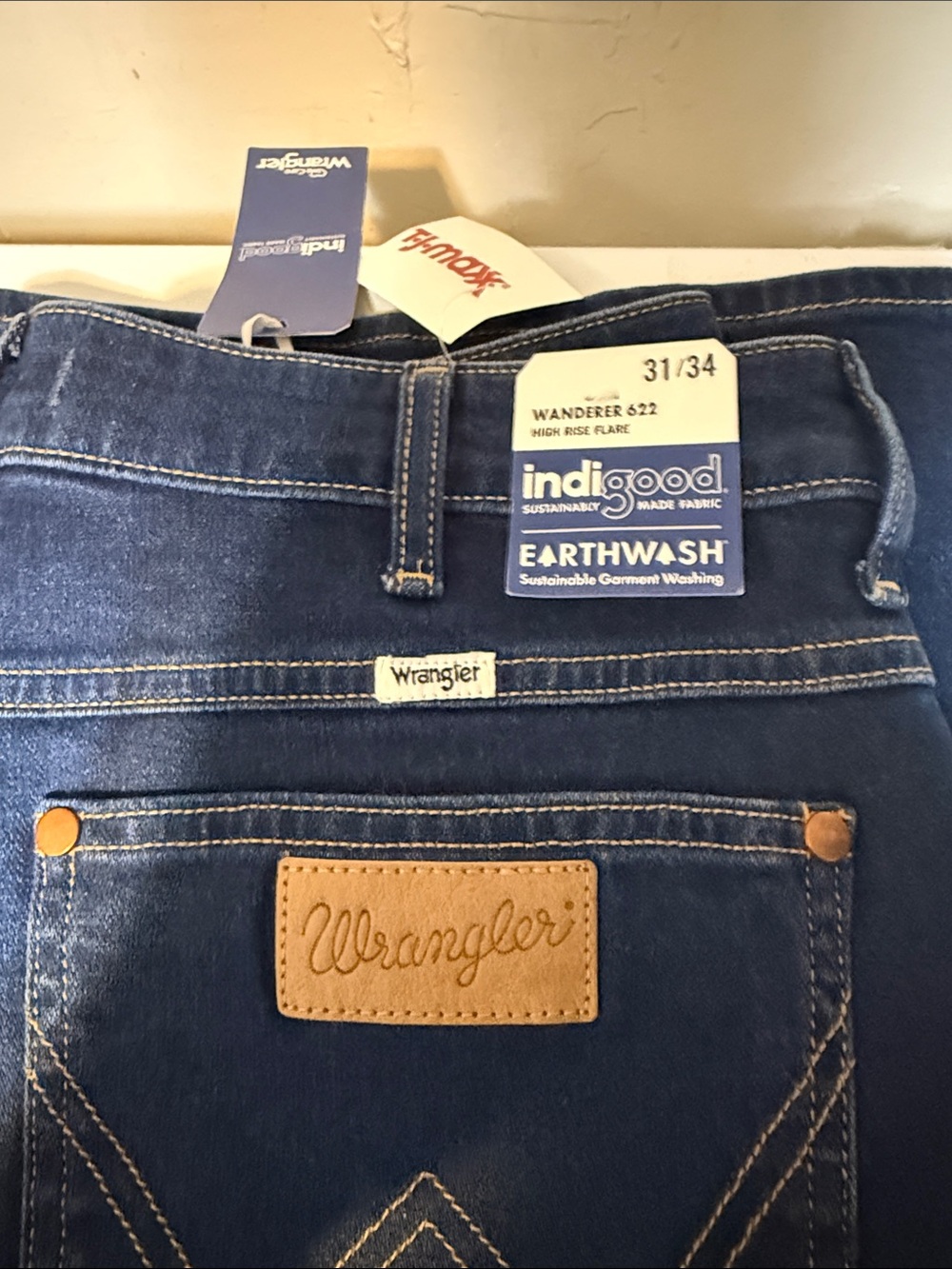 Wrangler Women’s High Rise Flare Jeans - Dark Blue with Brown Patch